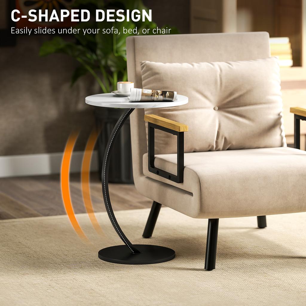 C Shaped Side Table, Round Bedside Table with Marble Effect Top, Modern Coffee Table Sofa End Table with Metal Frame for Living Room Bedroom Office