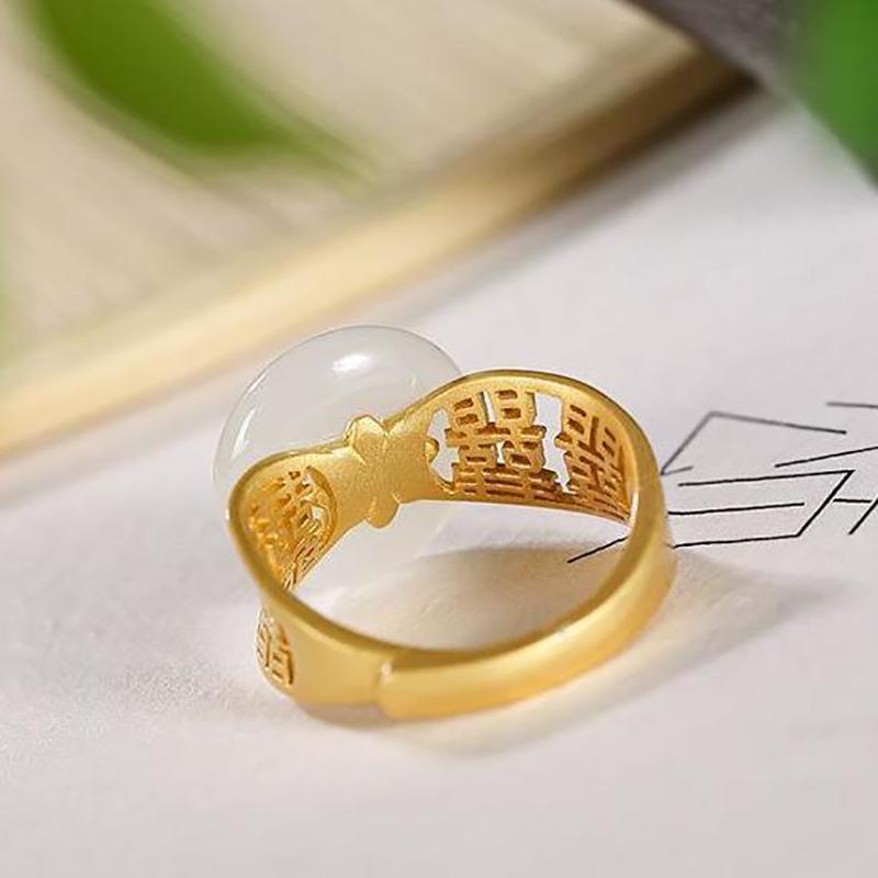 Inspired Design New Gold -Plated Inlaid Natural Hetian Jade Round Open Ring Elegant Charm Ladies Silver Jewelry