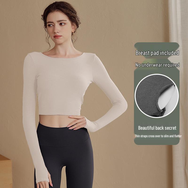 

Женский топ для йоги с длинным рукавом и нагрудными вкладышами - осенне-зимний дизайн спины для бега и тренировок Large бежевый