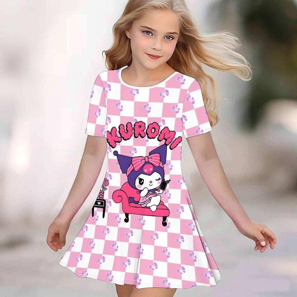 Girls 3D Print Dresses Kids Girl Party Short Sleeve Princess Dress Tank 3D Likable Cartoon Print Dress