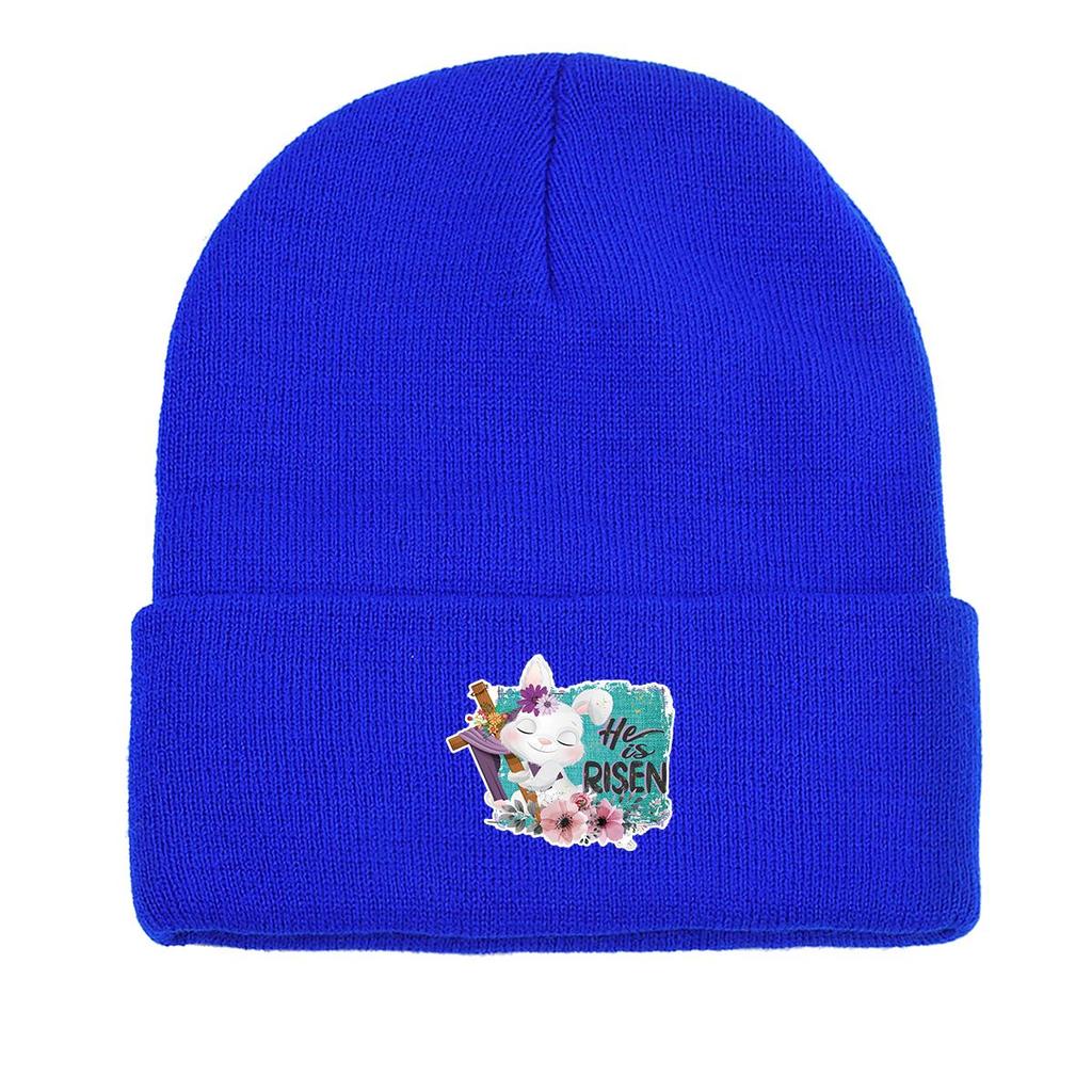 HE IS RISEN" Rabbit Print Knitted Cap Beanie, Easter Skull Cap Cancer Chemo Winter Sporting Headwear Knit Hat Beanie