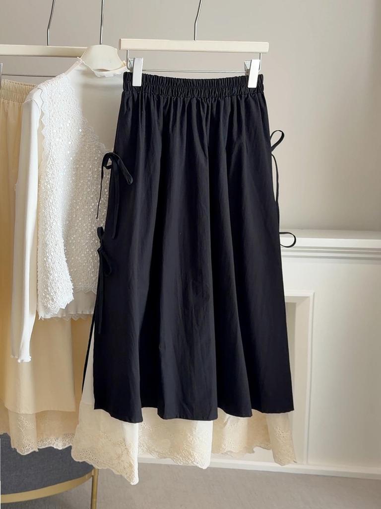 Spring 2026 Women's A-Line Skirt: Elegant Double-Layered Lace Trim Bow High-Waisted Mid-Length Design