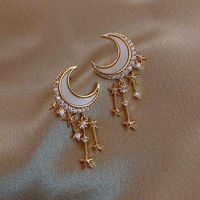 Women Earring Silver Needle Studded Star And Moon Tassel Earrings