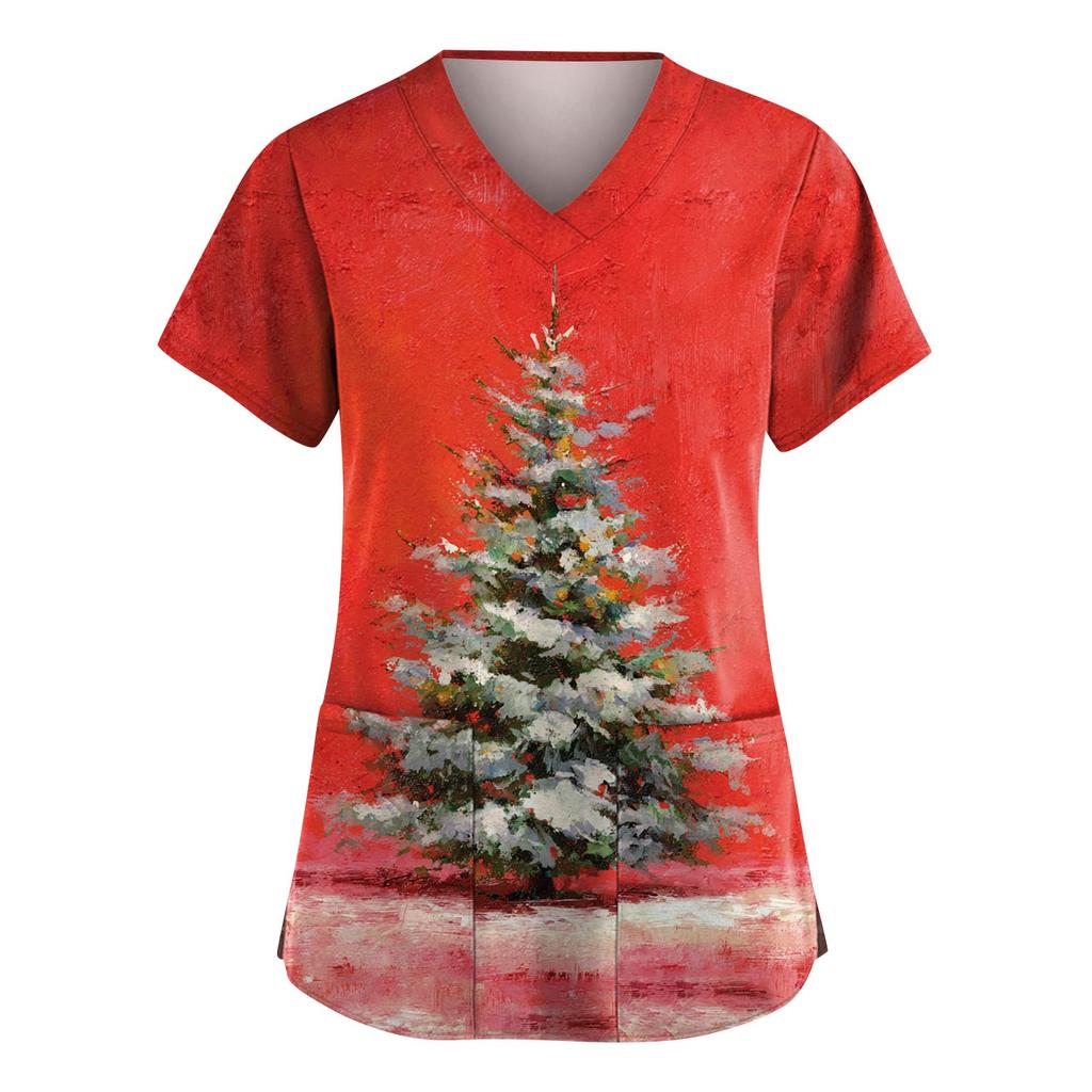 Women's Fashion V-Neck Short-Sleeved Workwear With Pockets Christmas Print Top Caregiver Uniform
