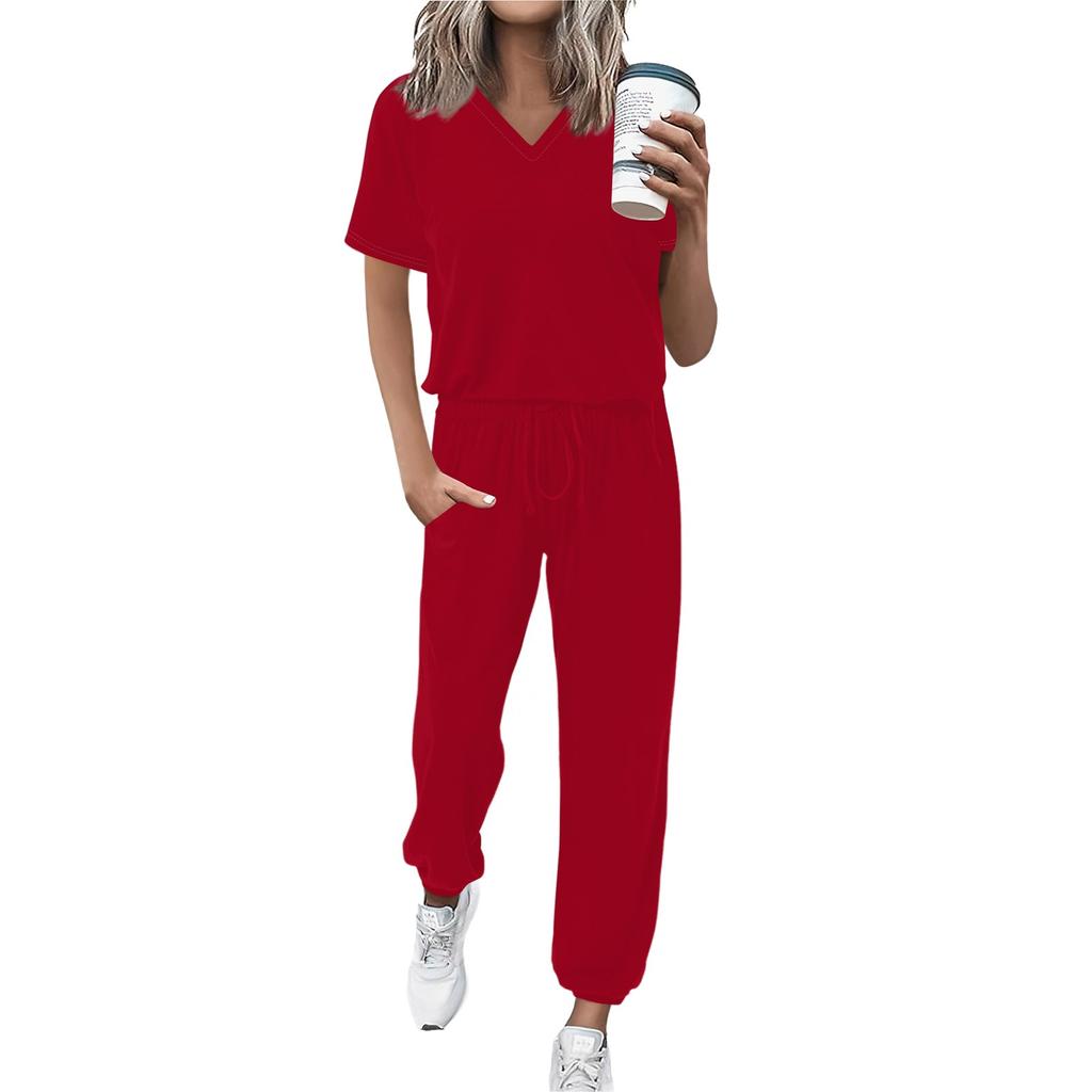 Women's Jogging Fashion V-Neck Color Short Sleeve Belt Loose Pants Tracksuit