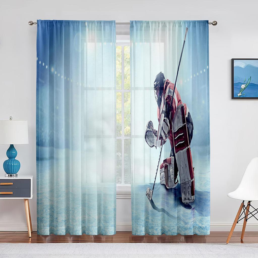 Ice Hockey Sport Player Sheer Voile Curtain Sports Arena Window Chiffon Tulle Curtains for Living Room Bedroom Decoration Drapes