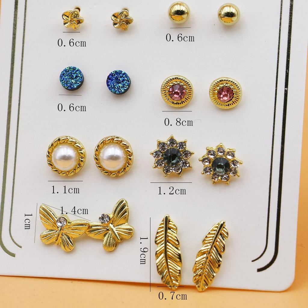 8-Pair Gold-Plated Rhinestone Alloy Ear Stud Set - Eco-Friendly, Versatile, Personality Trend Women's Earrings