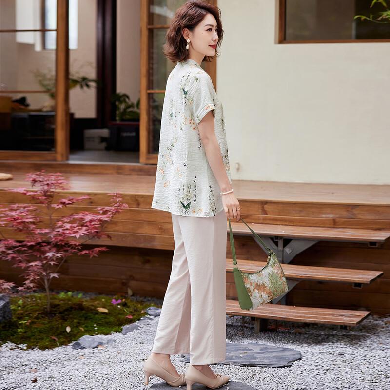 Pasite Women's New Chinese Style Floral Print Top & Pants Set