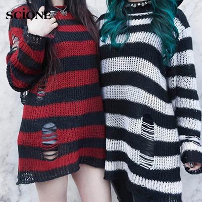 Y2K Punk Gothic Long Unisex Sweater Women Striped Cool Hollow Out Hole Broken Jumper Loose Rock Thin Dark Streetwear Top