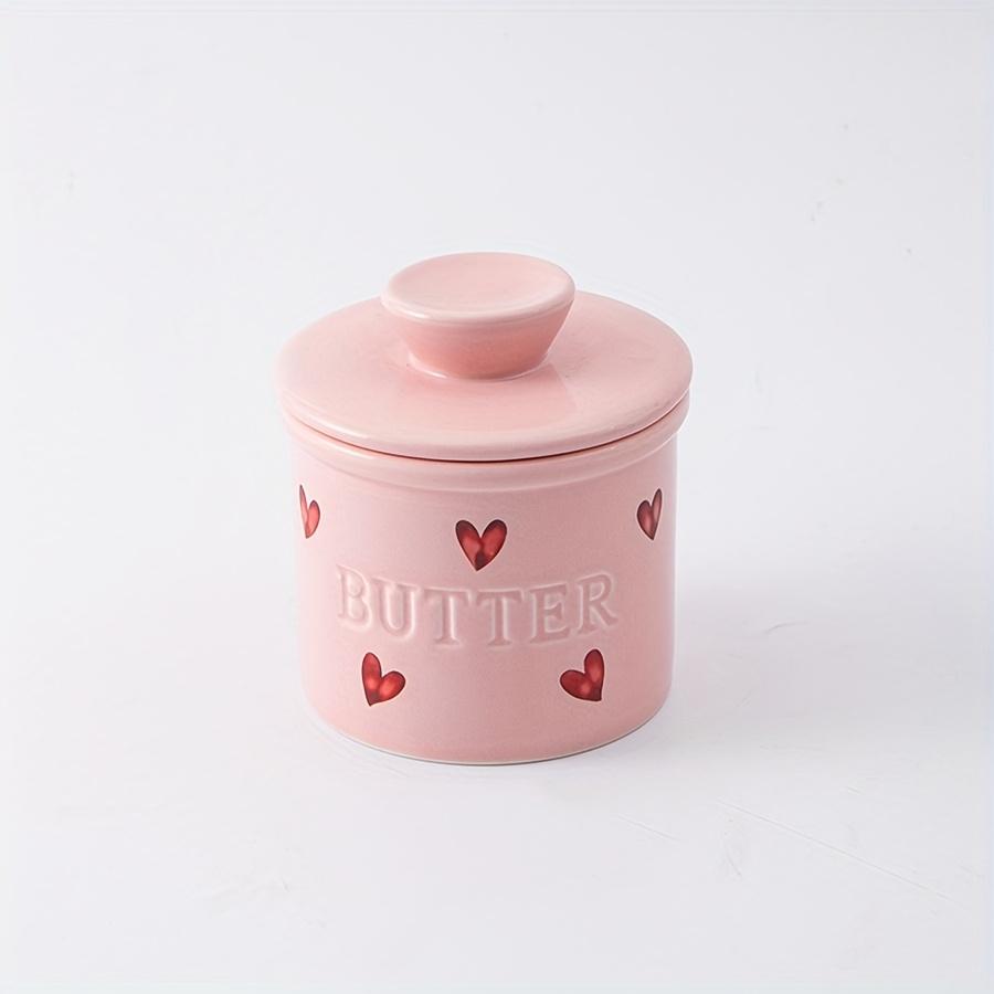 1pc Ceramic Butter Crock with Lid & Knife, Elegant Pink French Butter Crock Butter Dish for Spreadable Soft Butter, Porcelain Bu