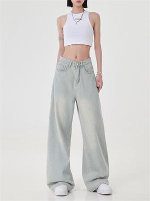 Women Fashion High Waisted Baby Blue Loose Vintage Jeans American Street Style Cowboy Pants Female Wide Leg Casual Straight Trousers