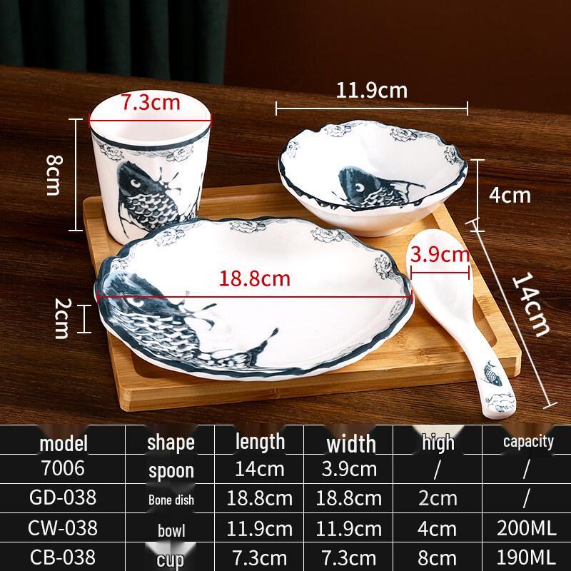 Ruhan Commercial Melamine Tableware Set - White Blue Fish