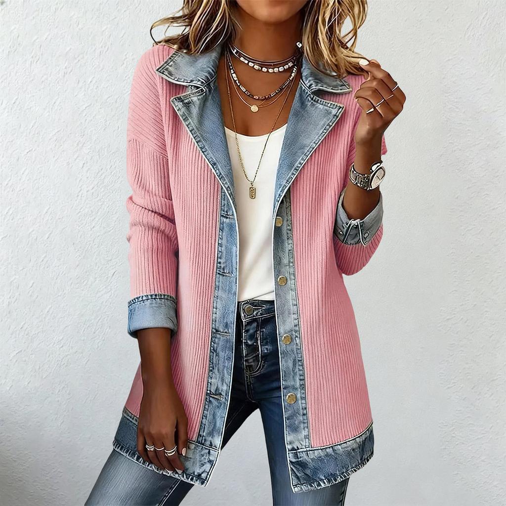Jachetă tricotată patchwork din denim pentru femei, cu guler rever, pentru ținute casual