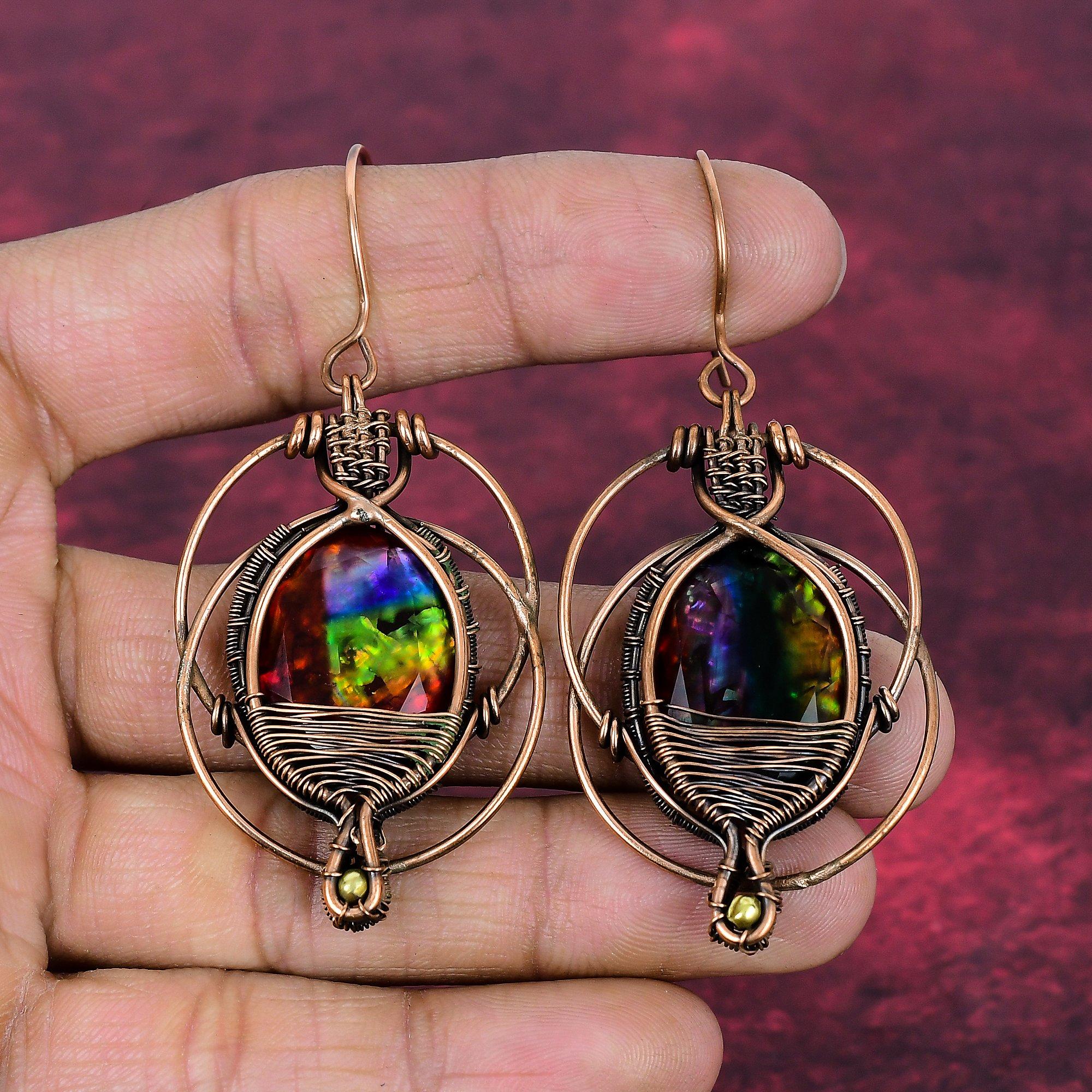 

Faceted Ammolite Earring Gemstone Earrings Copper Wire Wrapped Handmade Jewelry