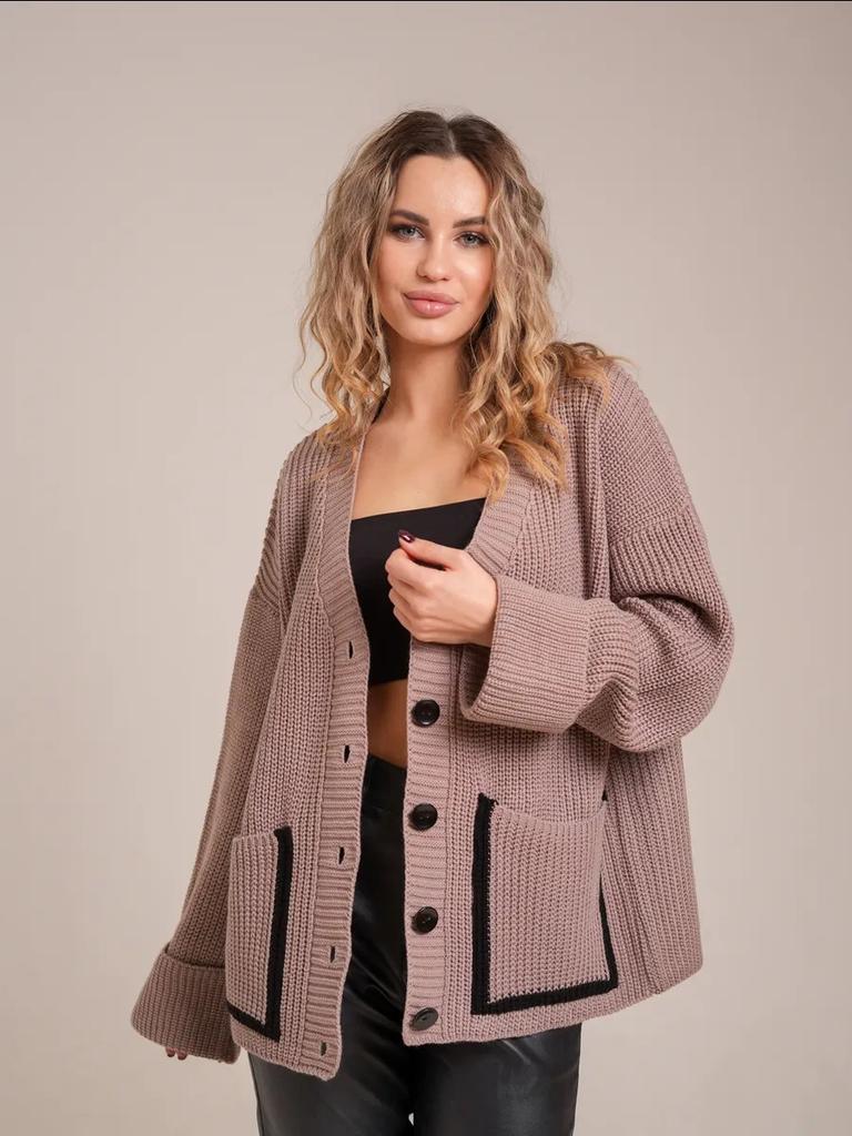 2025 Spring and Autumn New Style Women's Clothing Pocket Contrasting Color V-neck Knitted Cardigan Sweater Women's Jacket