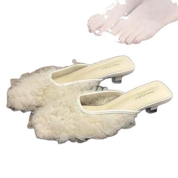 Purple mist aesthetics! Temperament square head mesh yarn half drag half slippers women's spring 2025 spring new outer wear cat heel sandals