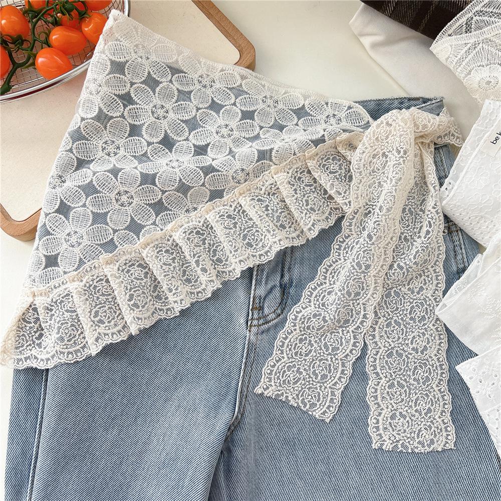 Retro Lace Edged Silk Triangle Scarf and Midi Skirt Combo for Women