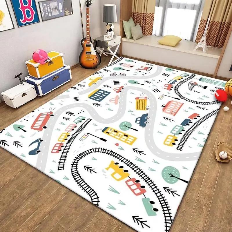 Car Rug Play Mat Road Rug Kid Play Mat Playroom Toy Car Mat Kids Carpet City Map for Bedroom Classroom Home Decor