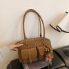 Womens Retro Solid Color Suede Leather Shoulder Bag with Multiple Pockets Large Capacity Comes with A Detachable Accessory Charm
