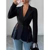 Women Elegant Hem Black Suit Coat Fashion V-neck Single Breasted Color Lace Patchwork Blazer Waist Slimming Women's Suit Jacket