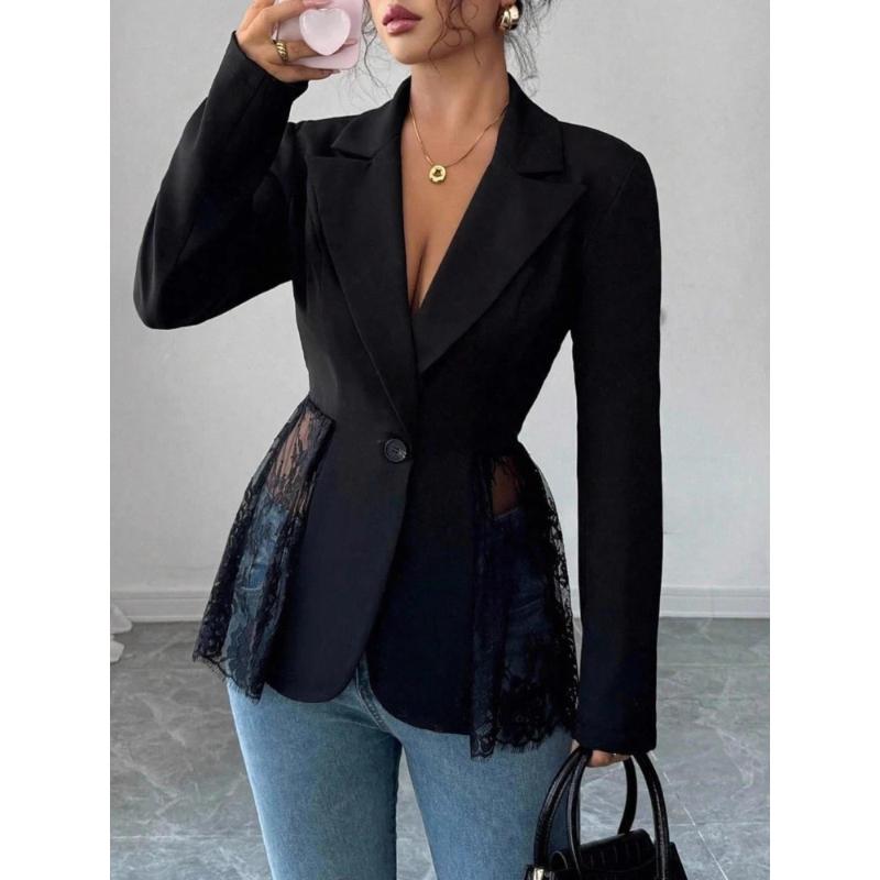 Women Elegant Hem Black Suit Coat Fashion V-neck Single Breasted Color Lace Patchwork Blazer Waist Slimming Women's Suit Jacket