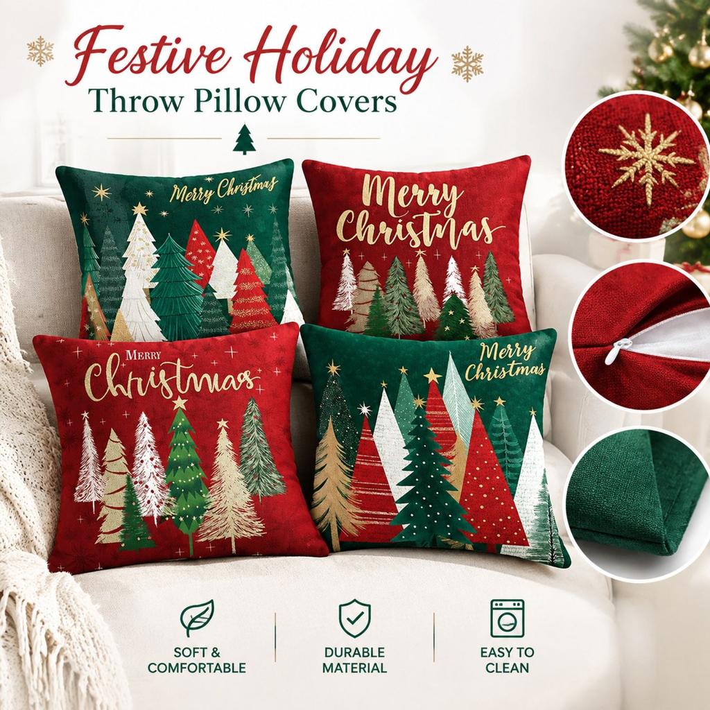 1 Pack Christmas Tree Print Linen Throw Cover 4545 cm, Decorative Cushion Case for Sofa, No Insert