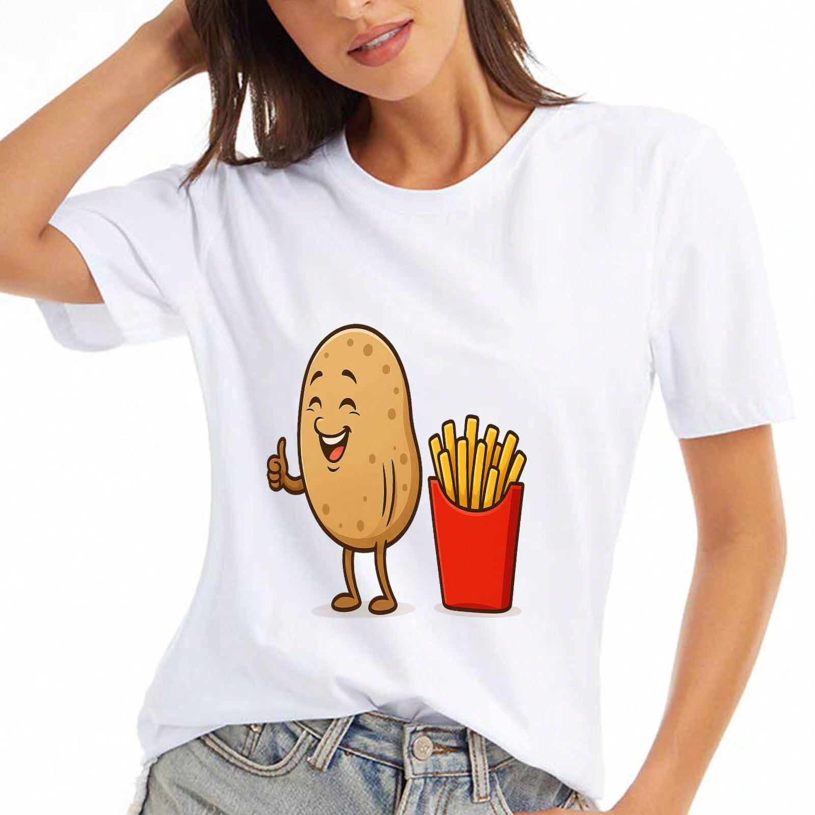 Potato With French Fries Wounisex s Cotton T Shirt, Premium Cotton Graphic, Durable, Leisure And Fashion, Potato And Fries Cartoon Design, Perfect For S разноцветный