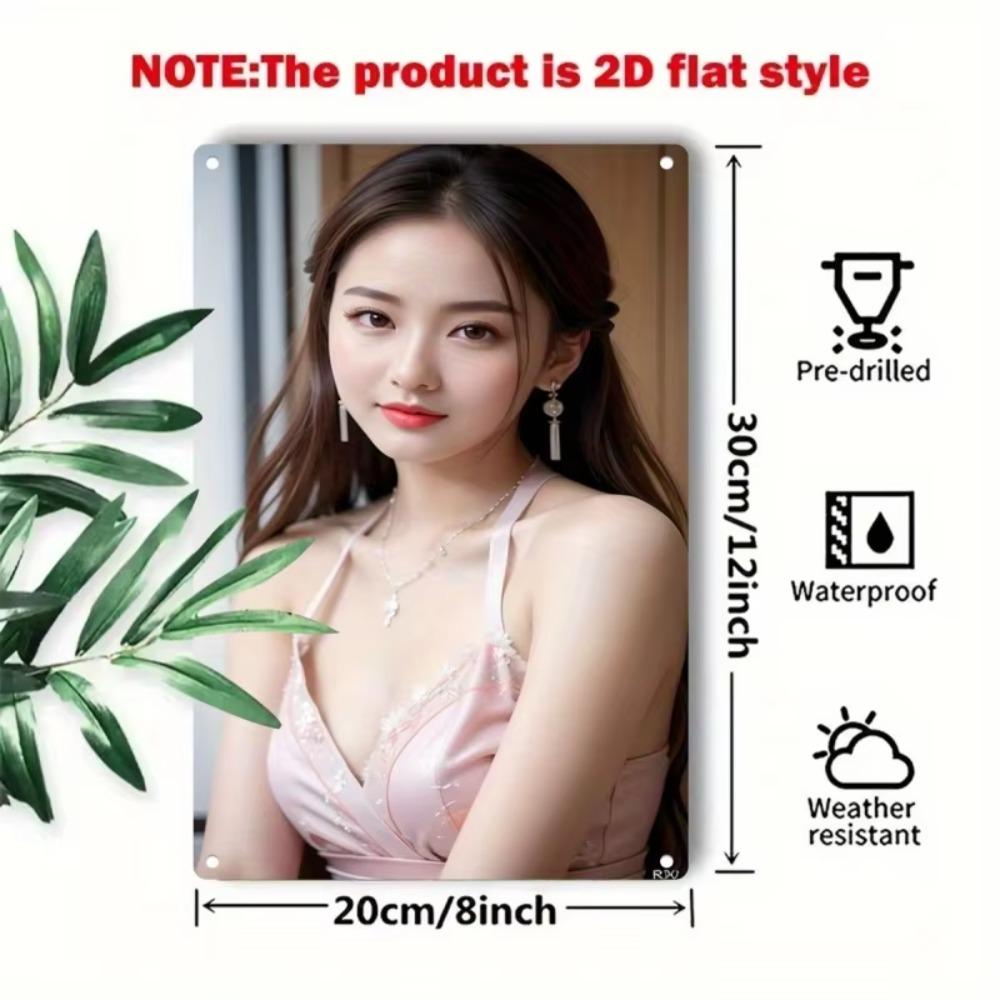 Vintage Metal Wall Art Sign - Elegant Female Face & Pastel Pink Blush - Korean Minimalist Metal Poster