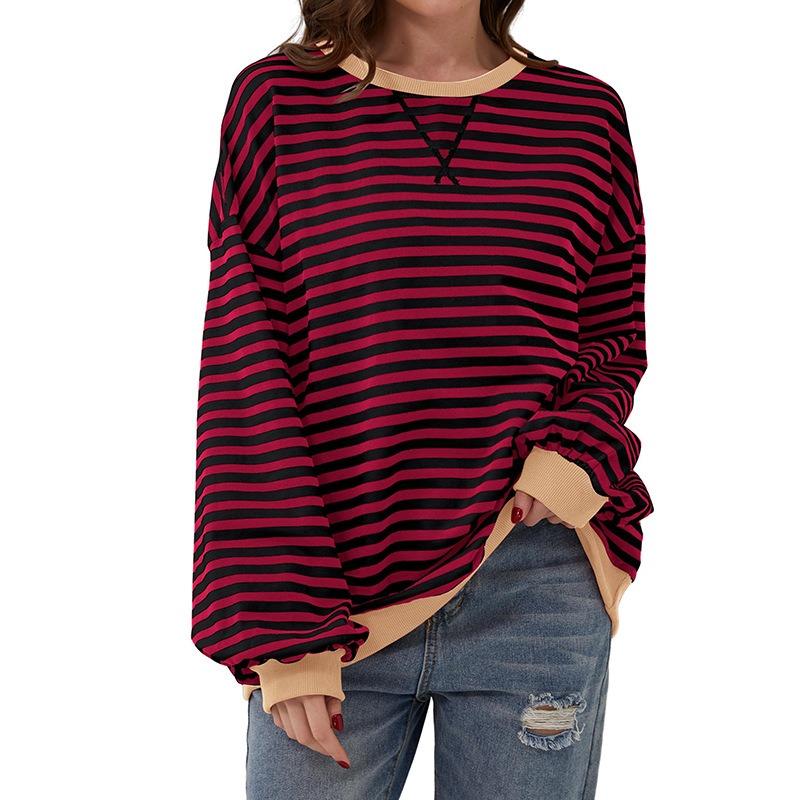 Loose Striped Long Sleeved Round Neck Women's T-shirt