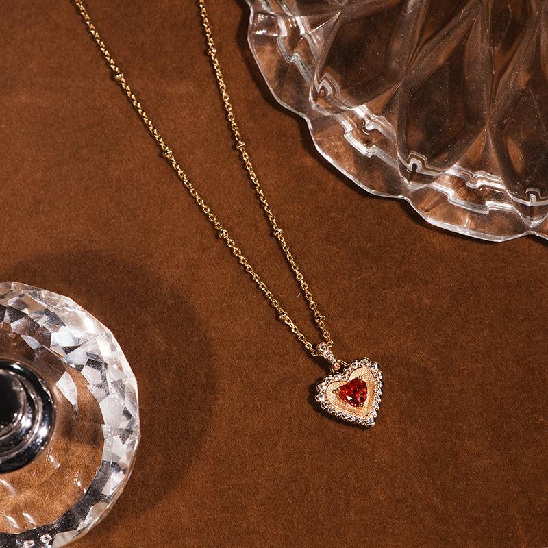 Exquisite S925 Sterling Silver Heart Necklace with Brushed Finish and Padparadscha Gemstone Pendant for Women
