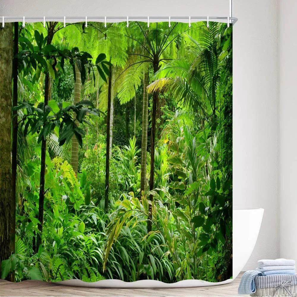 Tropischer Regenwald Duschvorhänge Waldpflanzen Rustikale Naturlandschaft Badevorhang Gartenwandbehang Badezimmer Dekor Haken