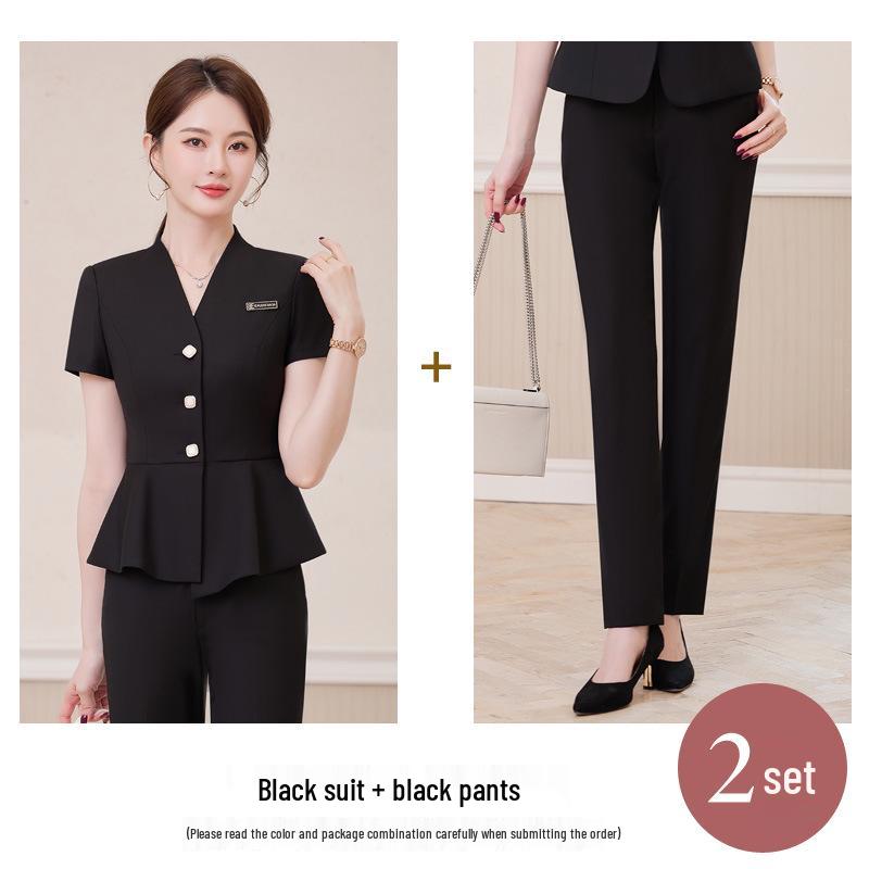 Set Profesional de Vară cu Mânecă Scurtă, Formal, din Două Piese, pentru Femei - Design Subțiere cu Volane