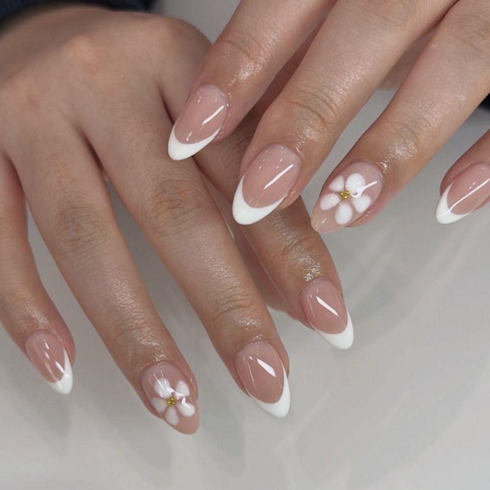 24pcs Long Almond False Nails French Rose Re Crocodile Pattern Press On Nails Irregular Gold Foil Simple White Flowers