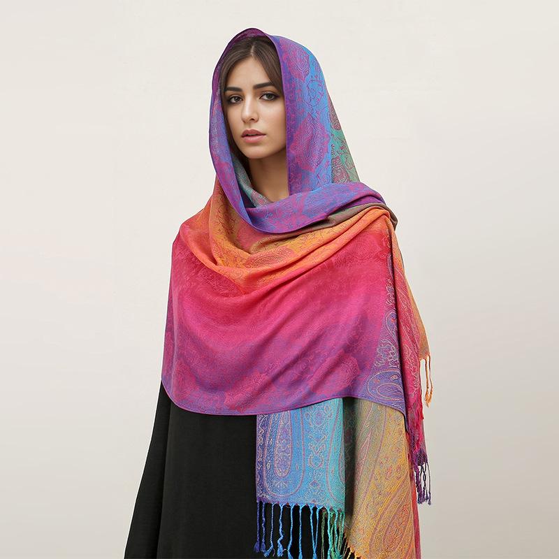 Ethnic Style Color Cashew Embroidery Rainbow Gradual Change Fringed Scarf Long Scarf Travel Photo Shawl Women'S Bag Headscarf