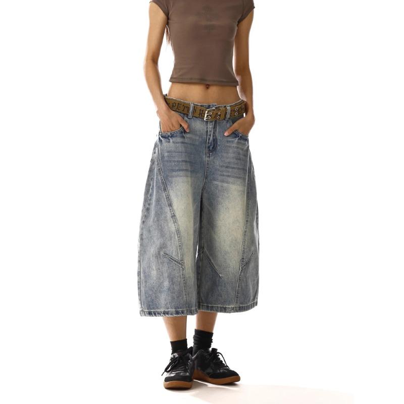 Women Baggy Wide Leg Denim Culottes Vintage Washed Loose Cropped Jeans