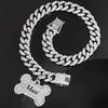 Trendy Hip-hop Pet Collar Cuban Chain Dog Chain Full Diamond Necklace Lock Buckle Rhinestone Bone Custom Pendant