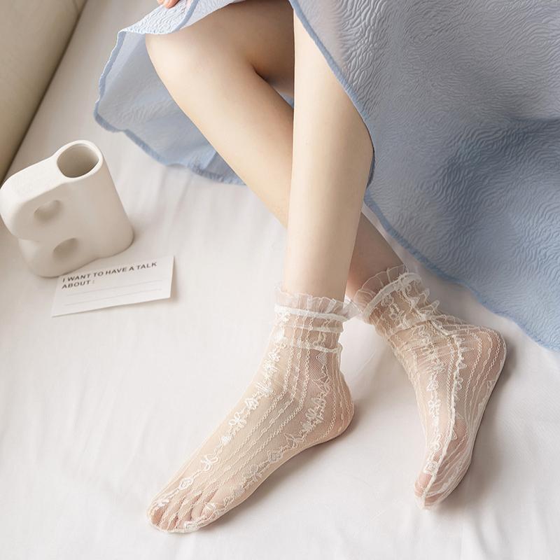 Japanischer Stil Sexy Spitze Rüschen Socken Ultradünne Transparente Sommer Lochmuster Netz Kniestrümpfe Damen Mode Harajuku Retro Lange Socken