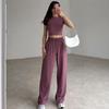 2024 Summer European & American Solid Color Crop Top and Wide-Leg Pants Set