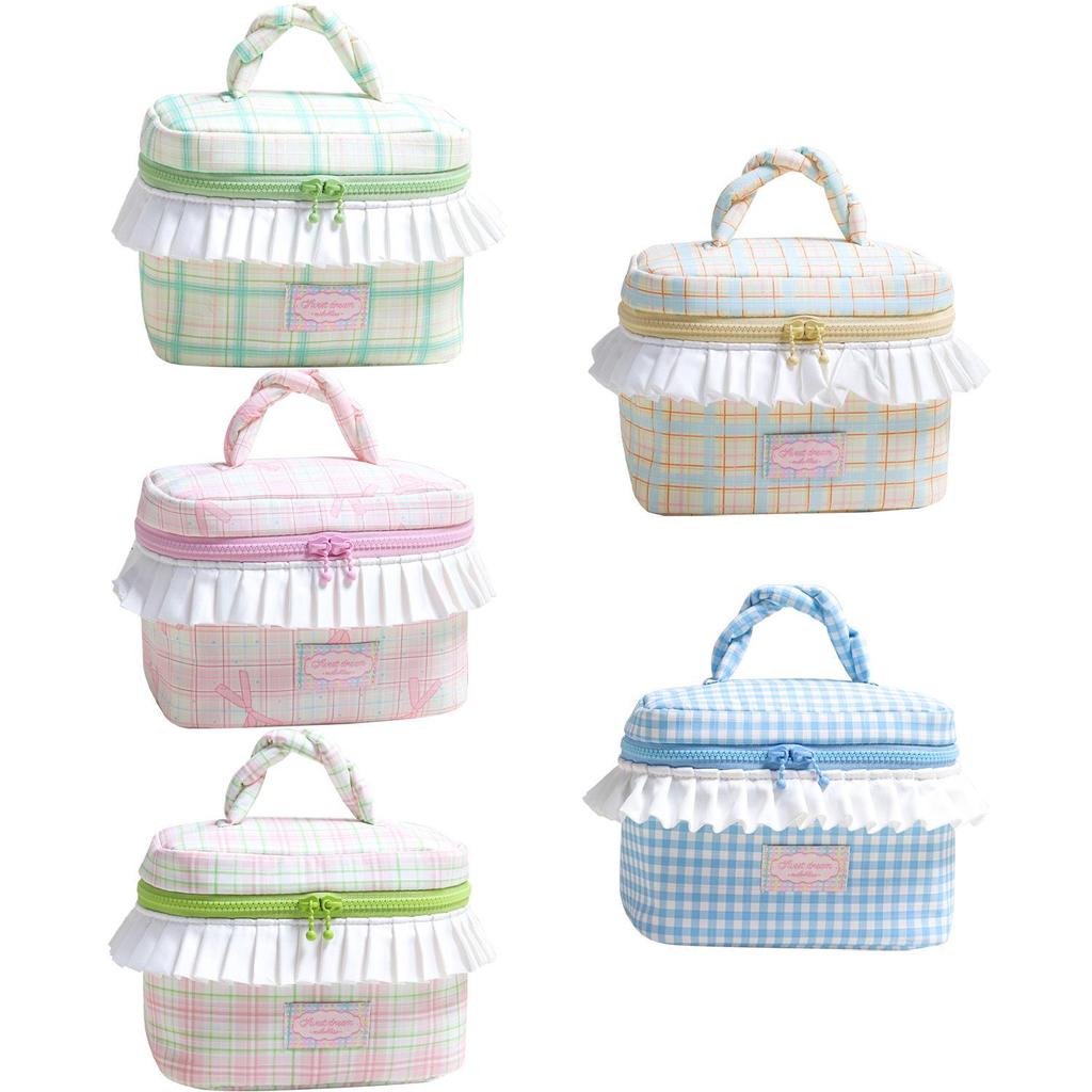 Cable Knit Color Block Plaid Makeup & Toiletry Bag with Ruffle Trim - Large Capacity Handheld Design