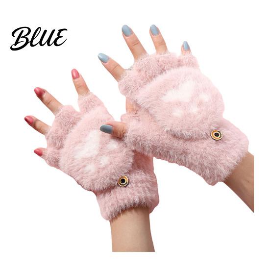 Fingerless Gloves with Flap Cover Furry Cat Paw Thermal Gloves Flip Top Mitten Button for Women Winter Cozy Outdoor Cold Weather Plush Half