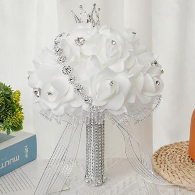 Artificial Roses Flowers Bridesmaid Bouquets With Crown and Diamonds for Wedding Artificial Flowers Decorations Bridal Bouquet