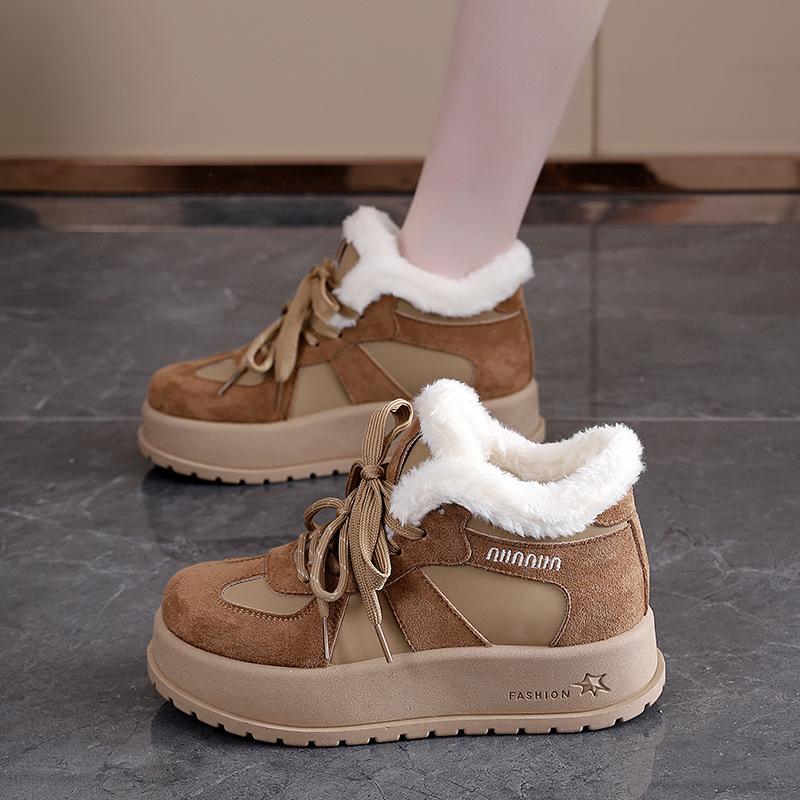 Damen Winter Schnürstiefel mit dicker Sohle Fell eins leicht warm kälteabweisend gefüttert Schneestiefel rutschfest abriebfest lässige Sneaker Baumwollstiefel Board Schuhe