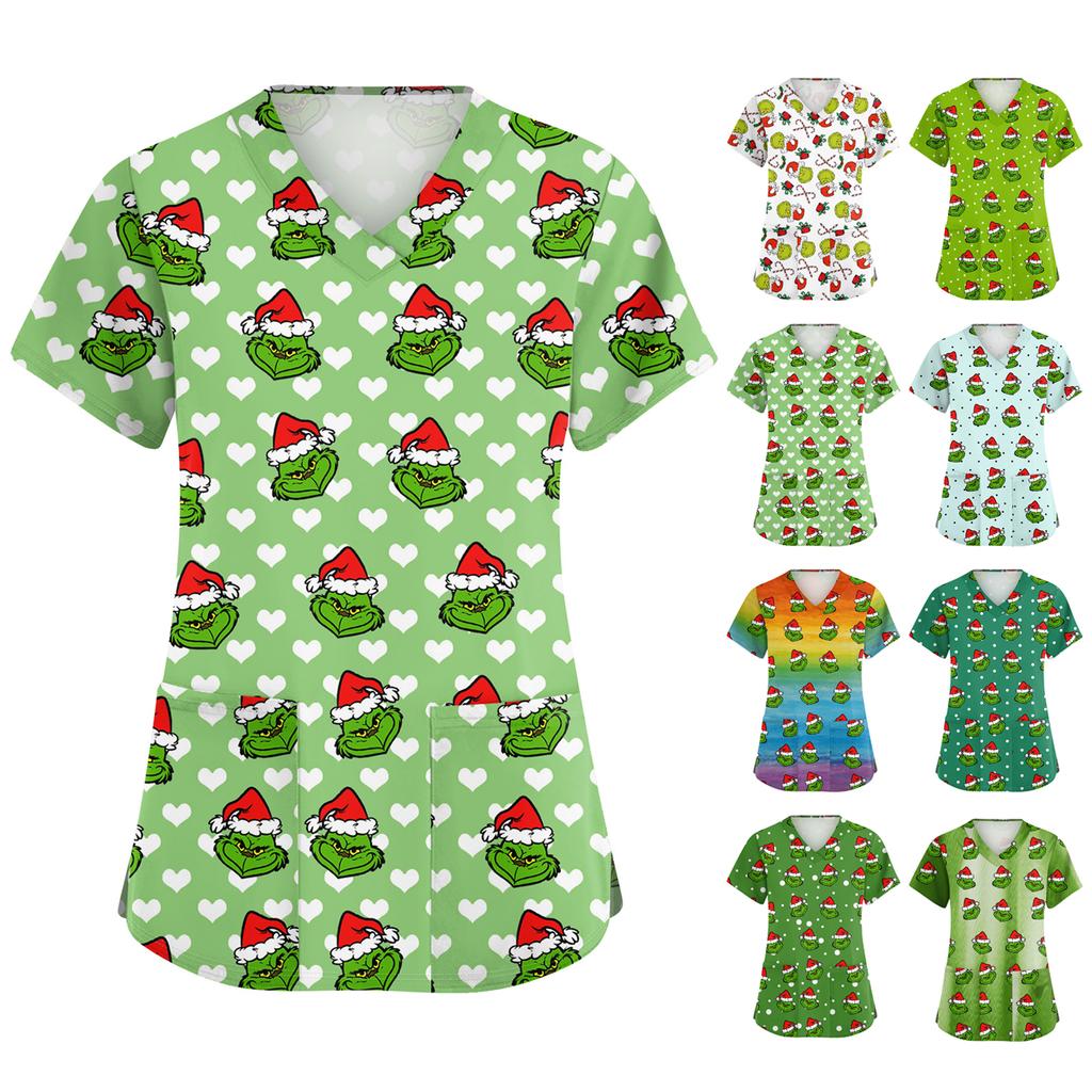 Women's Cute Bow Printed Work Clothes V-neck Double Layer Pockets Basic Short Sleeve Top Pullover