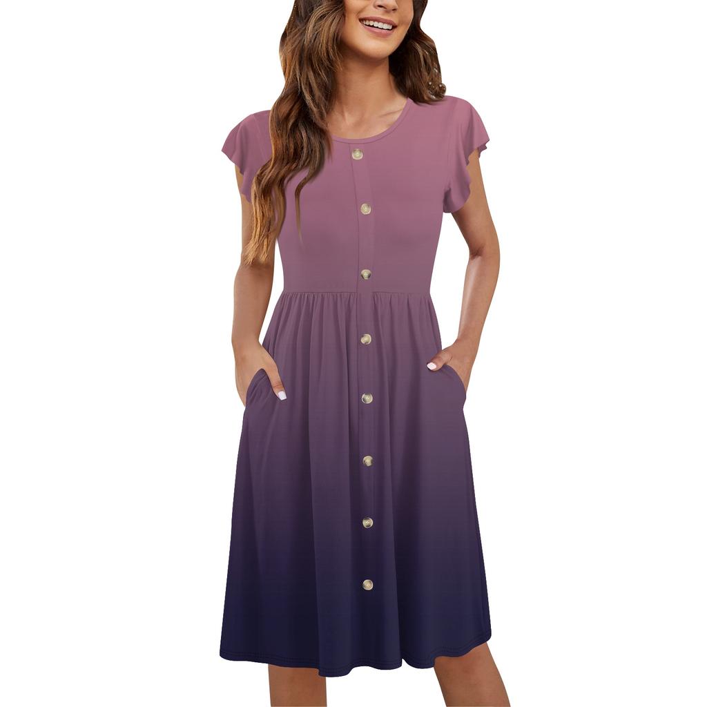 Women's Round Neck Summer Fly Sleeve Casual Printed Loose Button Pocket Midi Dresses