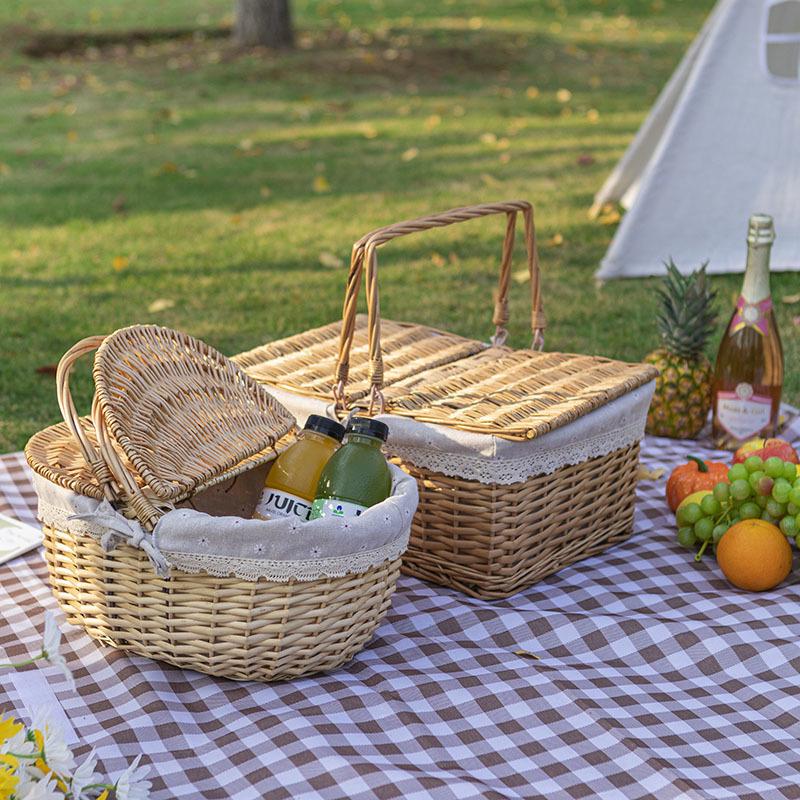 Portable Rattan Woven Picnic Basket with Lid - Small Outdoor Floral & Fruit Basket