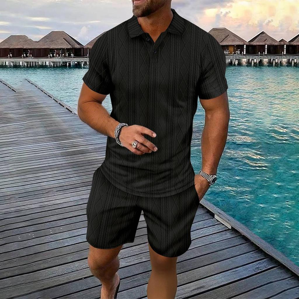 Men's Summer Solid Color Breathable Loose Buttons Short Sleeve Shirt Shorts Set