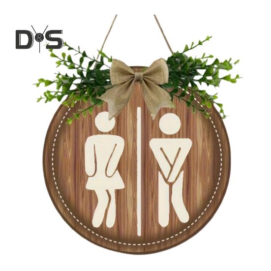 

Деревянный знак для туалета, искусственные зеленые листья, настенный декор, знак для ванной комнаты, гендерные теги, деревенский знак для ванной комнаты с тесьмой для домашнего кафе, ресторана, бара