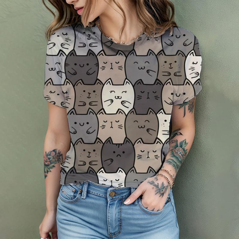 2024 New Fashion Women's T Shirt Cute Cat Printed Short Sleeve Round Neck Fun Pattern T Shirt Summer Home Casual Women's Tops