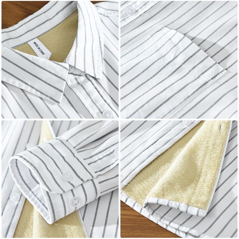 Winter Warm Men Tops Daily Casual Long Sleeve Striped Shirts for Men Pure Cotton Men Clothing Lapel Collar Fleece Shirt with Pocket
