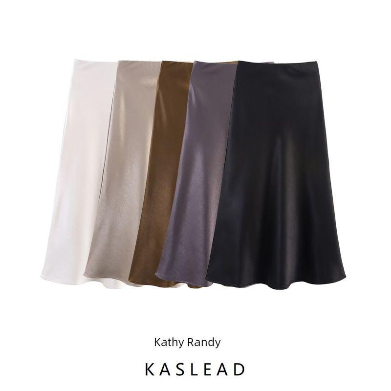 Kaslead New Women clothes Western Style Fashion Satin Thickened Composite Autumn and Winter Crisp Elastic Waist Skirt